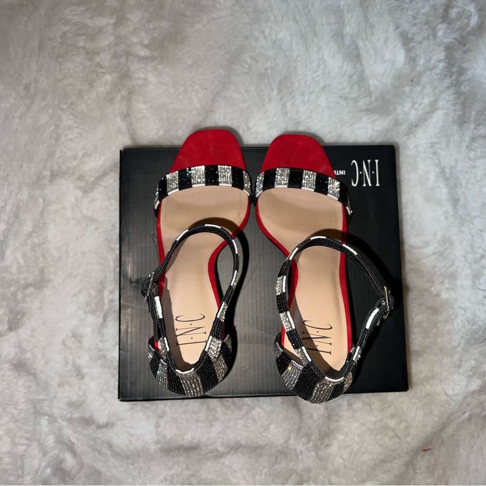 INC International Concepts Red and Black Strappy Heeled Sandals - Picture 6 of 6
